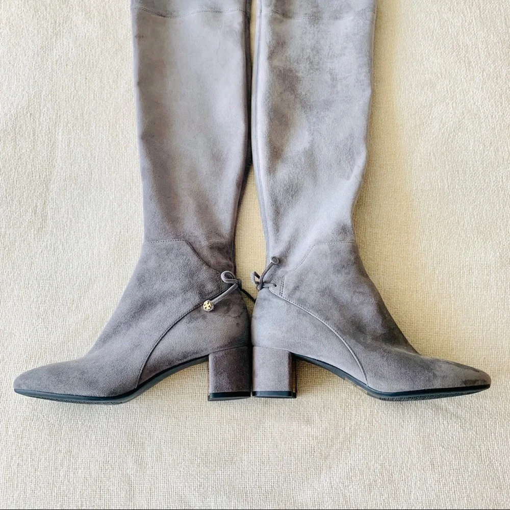 Tory Burch Laila Gray Suede Stretch Over The Knee Boots Size 5 Block Heel OTK